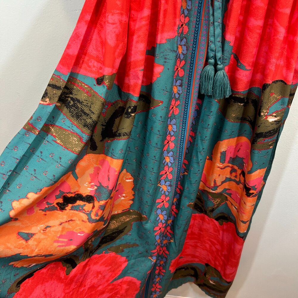 WORLD MARKET Boho Floral Tie Empire Maxi Dress L/XL Satin Tropical Kaftan - Picture 6 of 12